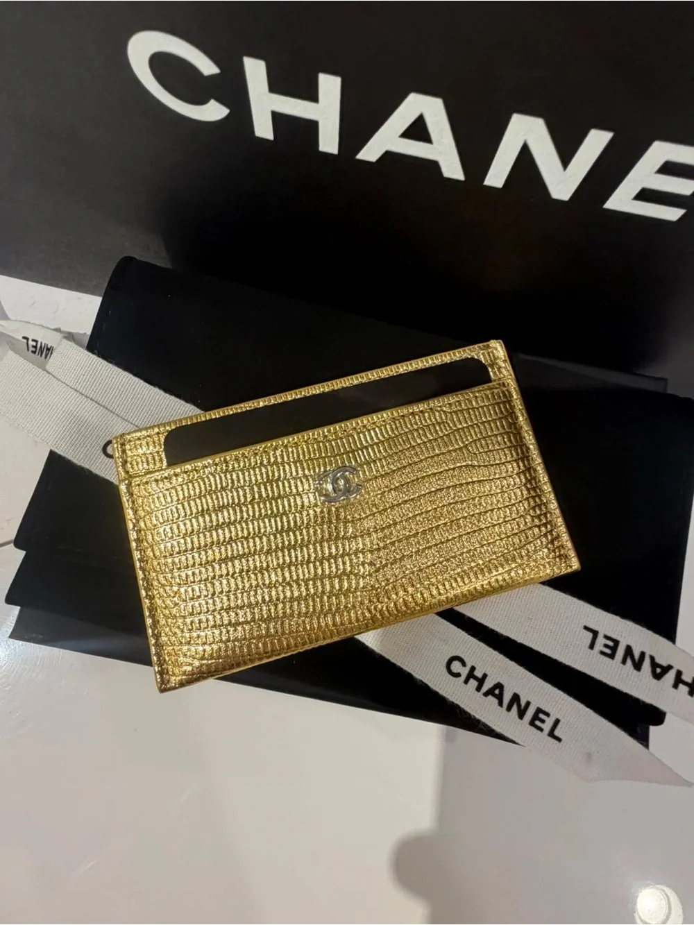 CHANEL Metallic Gold Lizard-Embossed Card Holder